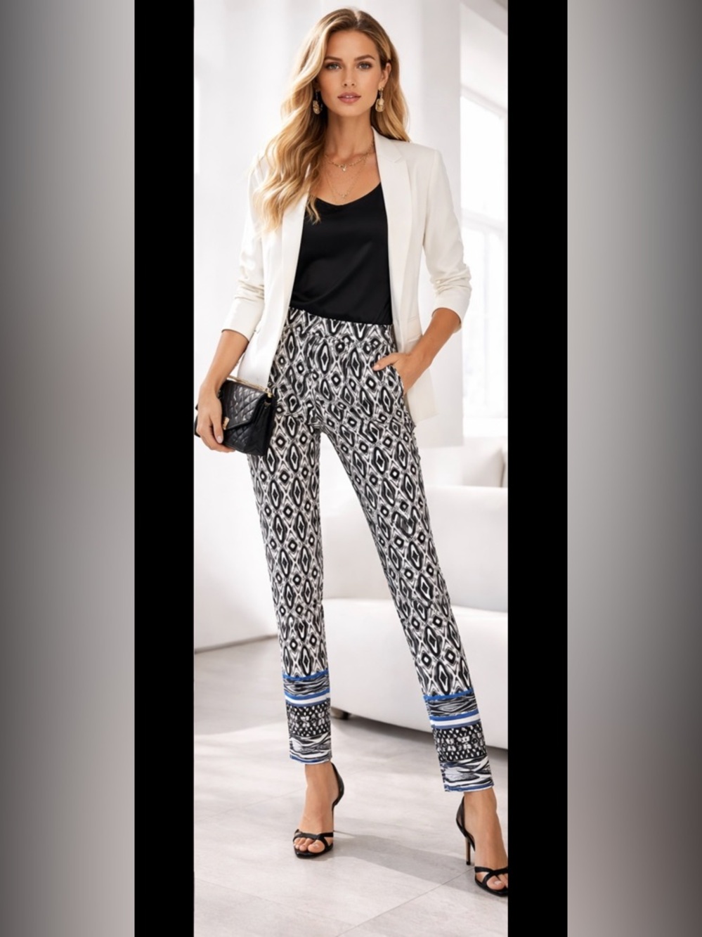 Geometric Print Slim Pants Blue Accent Made in USA Size M - Picture 2 of 8